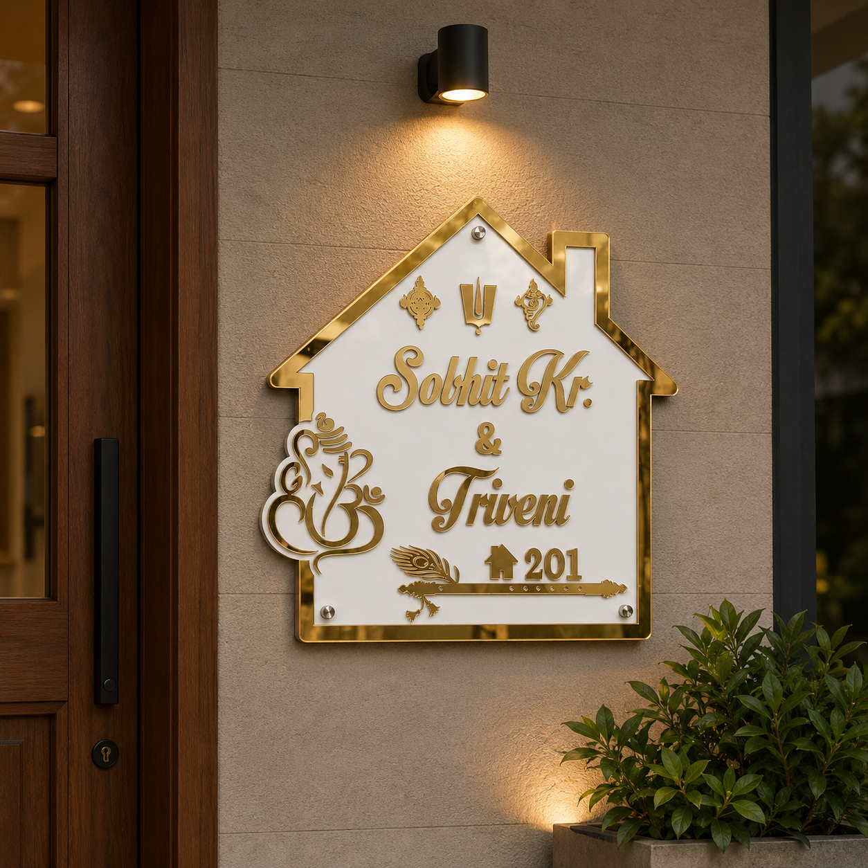 Luxury 3D Embossed Golden Acrylic Name Plate for Home & Villa