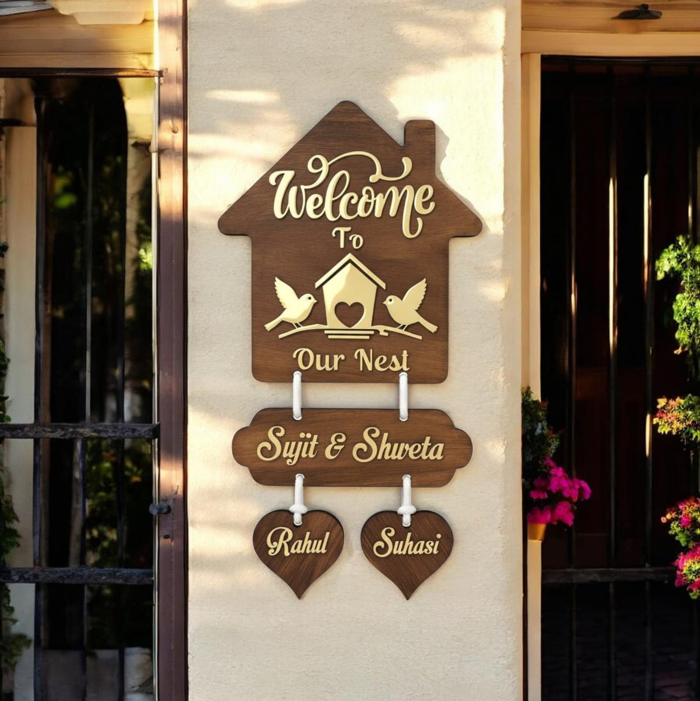 Personalized Wooden Family Name Plate with Hanging Hearts | Welcome to Our Nest Wall Decor