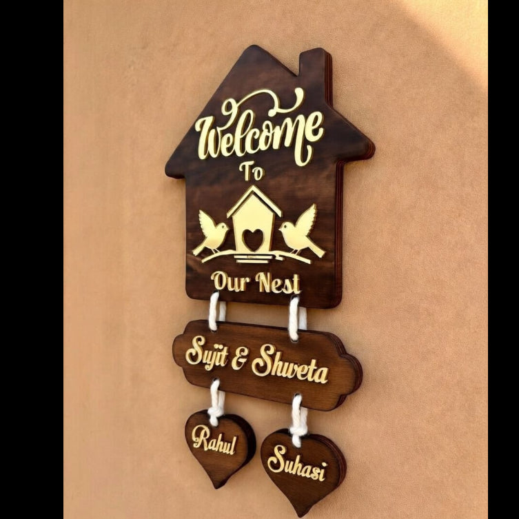 Personalized Wooden Family Name Plate with Hanging Hearts | Welcome to Our Nest Wall Decor