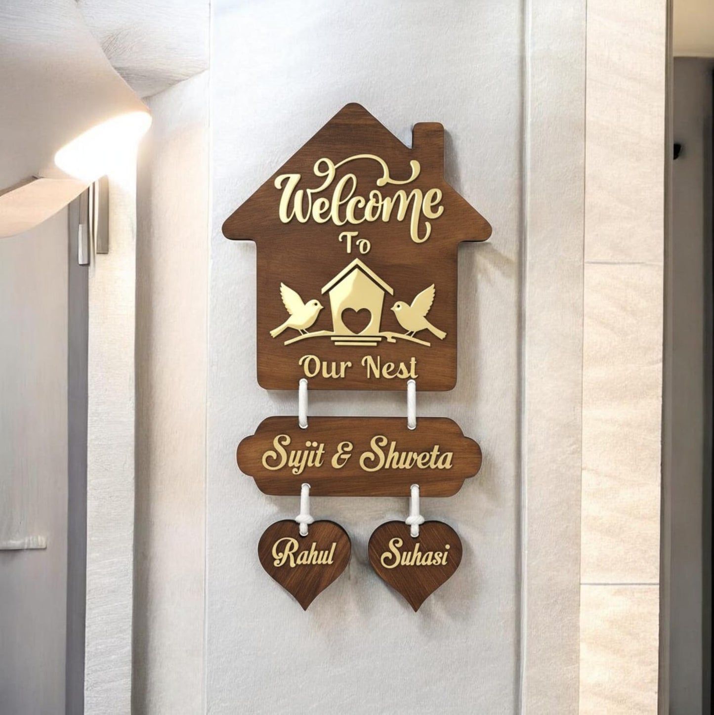 Personalized Wooden Family Name Plate with Hanging Hearts | Welcome to Our Nest Wall Decor