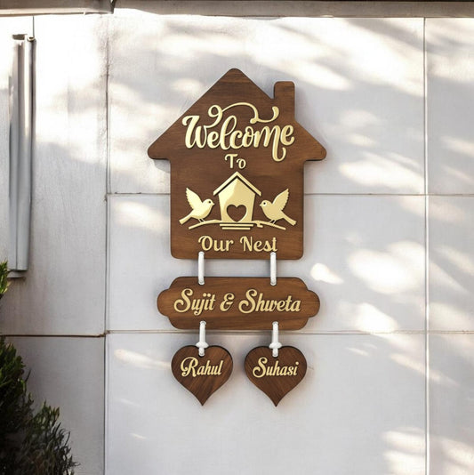 Personalized Wooden Family Name Plate with Hanging Hearts | Welcome to Our Nest Wall Decor
