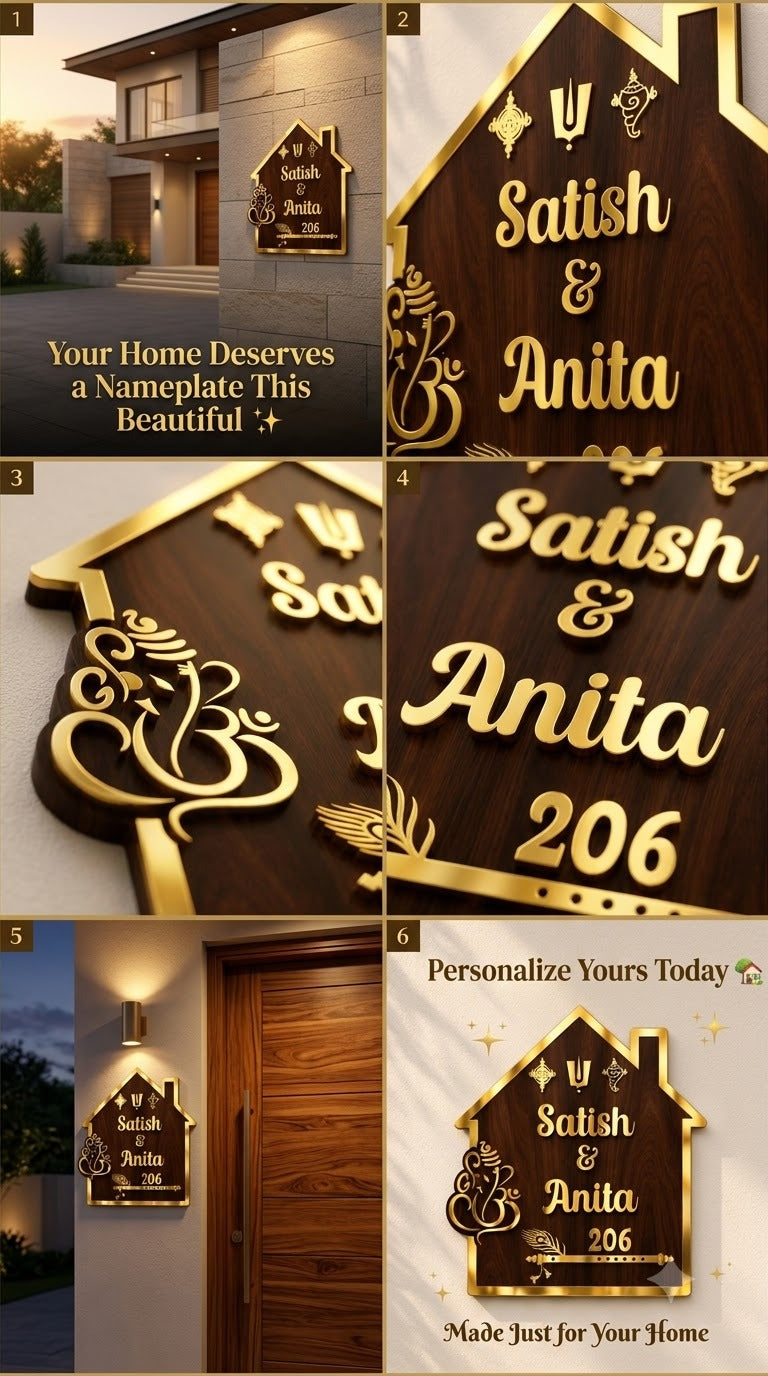 Luxury 3D Embossed Golden Acrylic Name Plate for Home & Villa