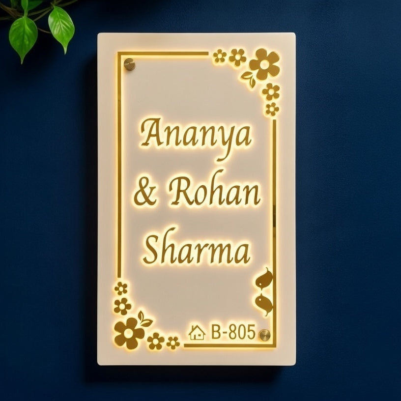 golden floral LED Name Plate